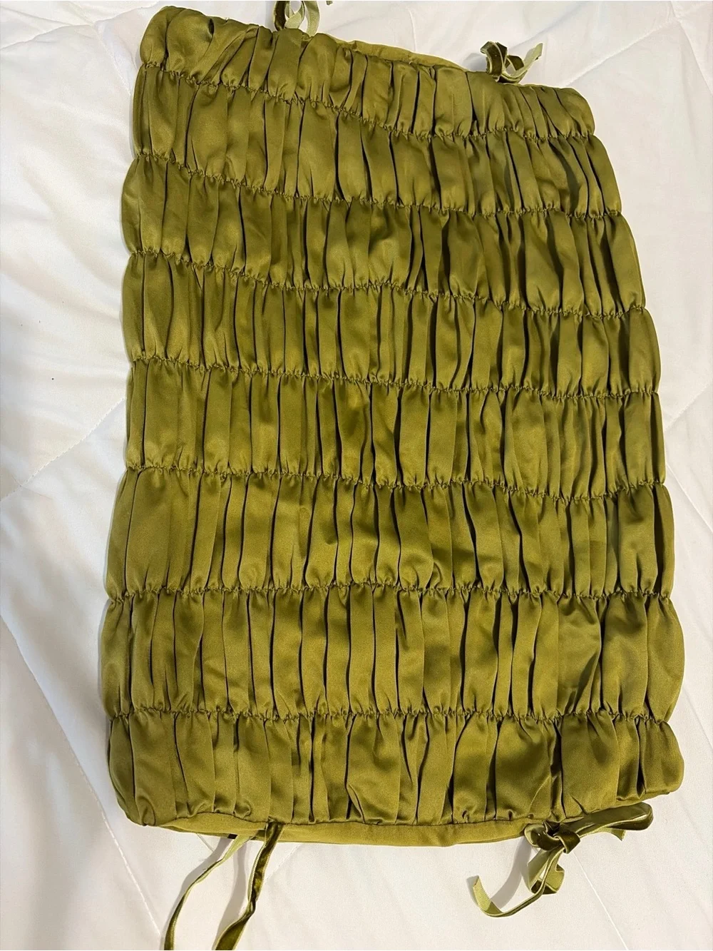 Olive Green Satin Feel Smocked Decorative Pillow with Velvet Corner Ties